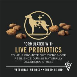 Dog food package label highlighting 'Live Probiotics' and 'Veterinarian Recommended Brand'