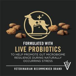 Etiqueta del paquete de alimento para perros que resalta “Probióticos vivos” y “Marca recomendada por veterinarios”