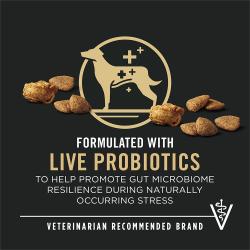 Etiqueta del paquete de alimento para perros que resalta “Probióticos vivos” y “Marca recomendada por veterinarios”