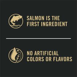 Dog food package label highlighting 'Salmon is the First Ingredient' and 'No Artificial Flavors'