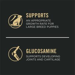 Etiqueta del paquete de alimento para perros que destaca “Apoyo al crecimiento de razas grandes” y “Glucosamina”