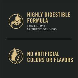 Dog food package label highlighting 'No Artificial Flavors' and 'Highly Digestible Formula'