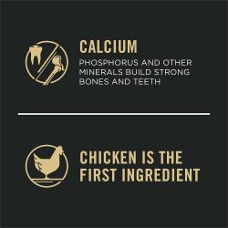 Etiqueta del empaque de alimento para perros que resalta “El pollo es el primer ingrediente” y “Calcio”