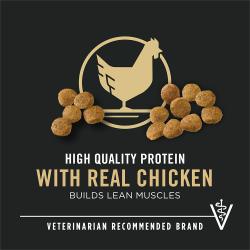 Etiqueta del paquete de alimento para perros que destaca “Proteína de alta calidad” y “Marca recomendada por veterinarios”