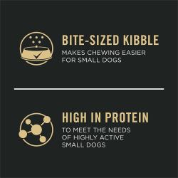 Dog food package label highlighting 'Bite Sized Kibble' and 'High In Protein'