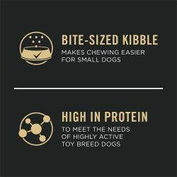 Dog food package label highlighting 'Bite Sized Kibble' and 'High In Protein'