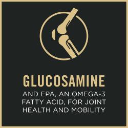Etiqueta del paquete de alimento para perros que resalta “Glucosamina”