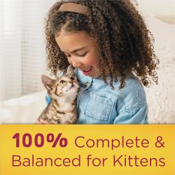 Young girl snuggles a kitten. Text reads "100% Complete and Balanced for Kittens."