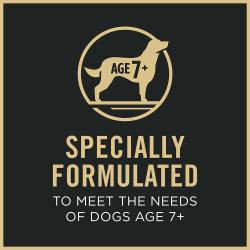 Dog food package label highlighting specially formulated to meet the needs of dogs age 7 plus