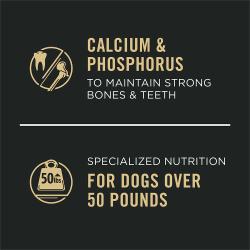 Dog food package label highlighting Calcium and Phosphorus for Dogs over 50 Pounds