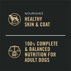 Dog food package label highlighting Healthy Skin and Coat and Complete and Balanced Nutrition