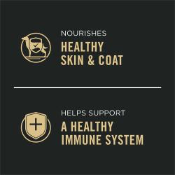 Dog food package label highlighting healthy skin and coat and supports a healthy immune system