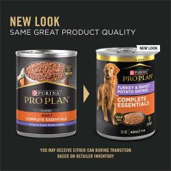 New Purina Pro Plan Complete Essentials grain free turkey and sweet potato wet dog food packaging
