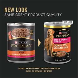 Updated packaging for Purina Pro Plan Complete Essentials grain free beef and salmon wet dog food