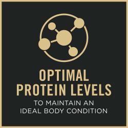 Etiqueta del empaque de alimento para perros que destaca niveles óptimos de proteína para mantener una condición corporal ideal