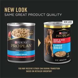 Updated packaging for Purina Pro Plan large breed beef and rice wet dog food