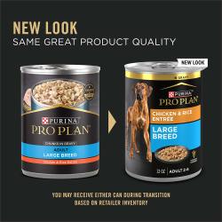 Updated packaging for Purina Pro Plan large breed chicken and rice wet dog food