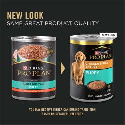 Updated packaging for Purina Pro Plan puppy classic chicken and rice wet dog food