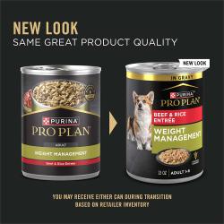 New packaging for Purina Pro Plan weight management beef and rice wet dog food