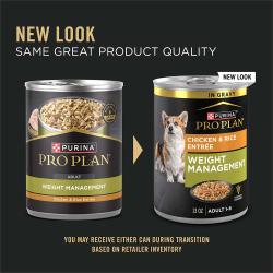 New packaging for Purina Pro Plan weight management chicken and rice wet dog food
