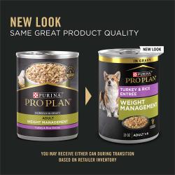 New packaging for Purina Pro Plan weight management turkey and rice wet dog food