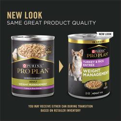 New packaging for Purina Pro Plan weight management turkey and rice wet dog food