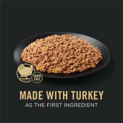Dog food package label highlighting Made with Turkey as the First Ingredient