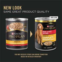 New packaging for Purina Pro Plan Complete Essentials adult 7 plus beef and rice senior wet dog food