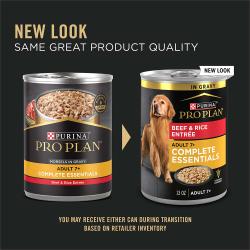 New packaging for Purina Pro Plan Complete Essentials adult 7 plus beef and rice senior wet dog food