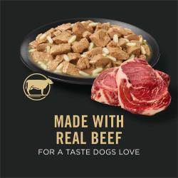Dog food package label highlighting Made with Real Beef for a Taste Dogs Love