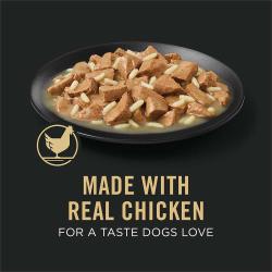 Dog food package label highlighting Made with Real Chicken for a Taste Dogs Love