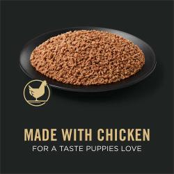 Dog food package label highlighting Made with Chicken for a Taste Puppies Love