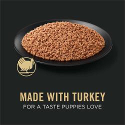 Dog food package label highlighting Made with Turkey for a Taste Puppies Love