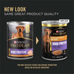 Updated packaging for Purina Pro Plan Sport high protein chicken and rice wet dog food