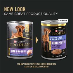 Updated packaging for Purina Pro Plan Sport high protein turkey, duck and quail wet dog food