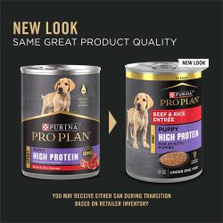 Updated packaging for Purina Pro Plan Sport high protein beef and rice wet puppy food