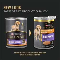 Updated packaging for Purina Pro Plan Sport high protein chicken and rice wet puppy food