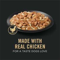 Dog food package label highlighting made with real chicken for a taste dogs love