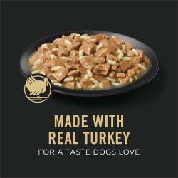 Dog food package label highlighting made with real turkey for a taste dogs love