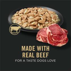 Dog food package label highlighting made with real beef for a taste dogs love