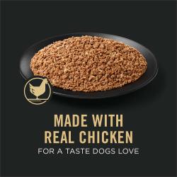 Dog food package label highlighting made with real chicken for a taste dogs love