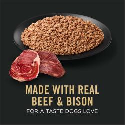 Dog food package label highlighting Made with Beef and Bison for a Taste Dogs Love