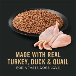 Dog food package label highlighting Made with Real Turkey, Duck and Quail for a Taste Dogs Love