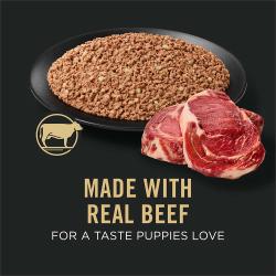 Dog food package label highlighting Made with Real Beef for a Taste Puppies Love