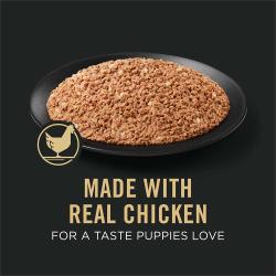 Dog food package label highlighting Made with Real Chicken for a Taste Puppies Love
