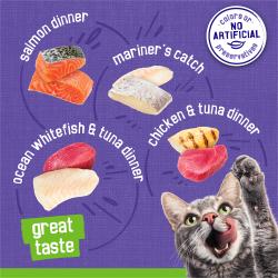Etiqueta del paquete de alimento para gatos con sabores de salmón, Captura del Marinero, pescado blanco del océano y atún, y cena de pollo y atún.