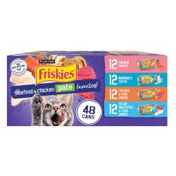 Caja de paquete surtido de alimento húmedo para gatos Friskies Favoritos de Paté de Mariscos y Pollo, 48 unidades.