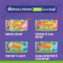 Etiqueta del paquete de alimento para gatos que muestra las 4 variedades de alimento para gatos incluidas en Favoritos de Paté de Mariscos y Pollo.