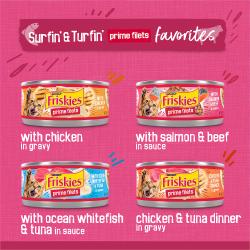 Etiqueta de alimento para gatos que muestra las 4 variedades de alimento para gatos de los favoritos Prime Filets Surfin' & Turfin'.