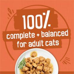 Etiqueta del envase de alimento para gatos que destaca una nutrición 100 % completa y balanceada para gatos adultos.